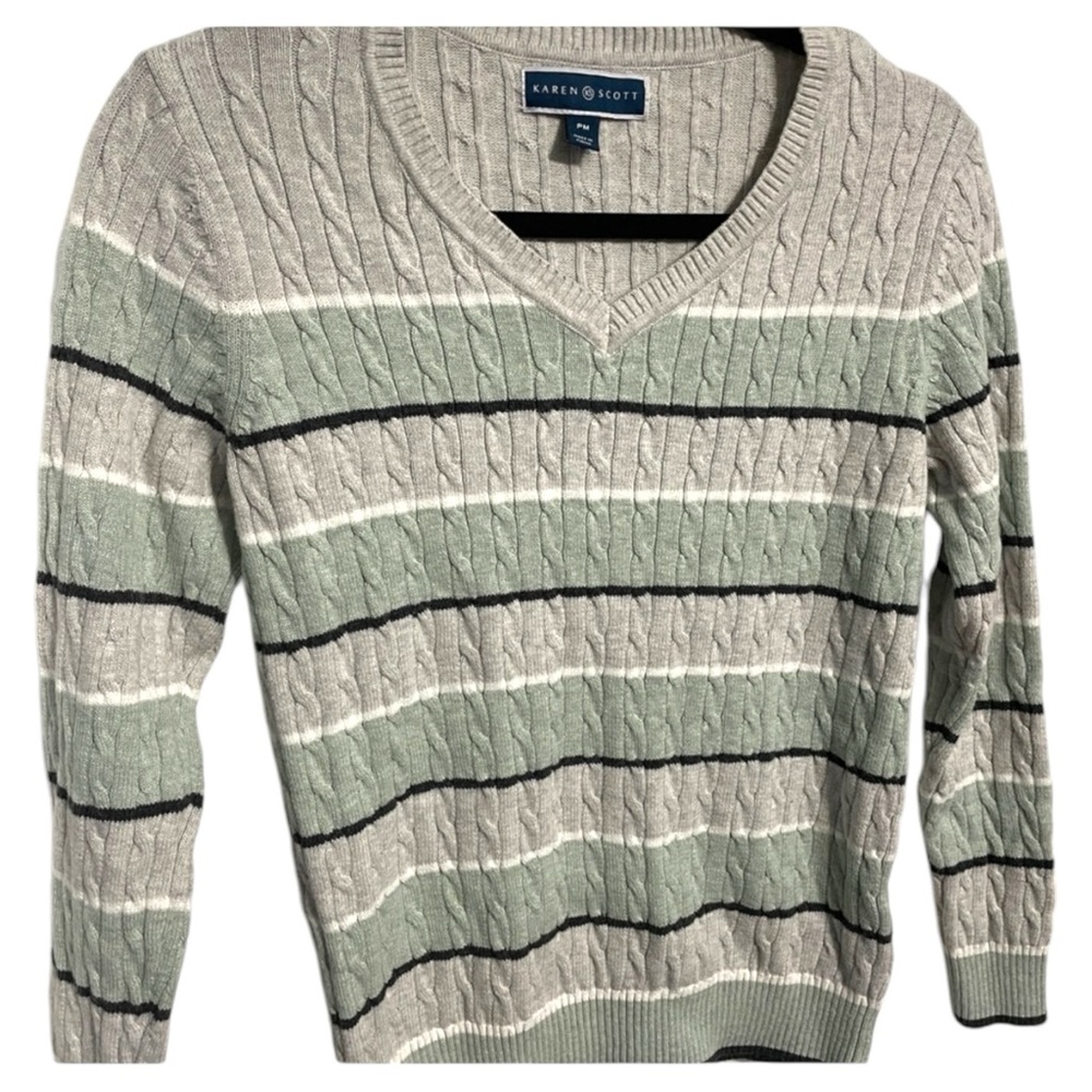 Karen Scott Women's Grey and Green Striped Long Sleeve V Neck Sweater Size Med P - Picture 2 of 7